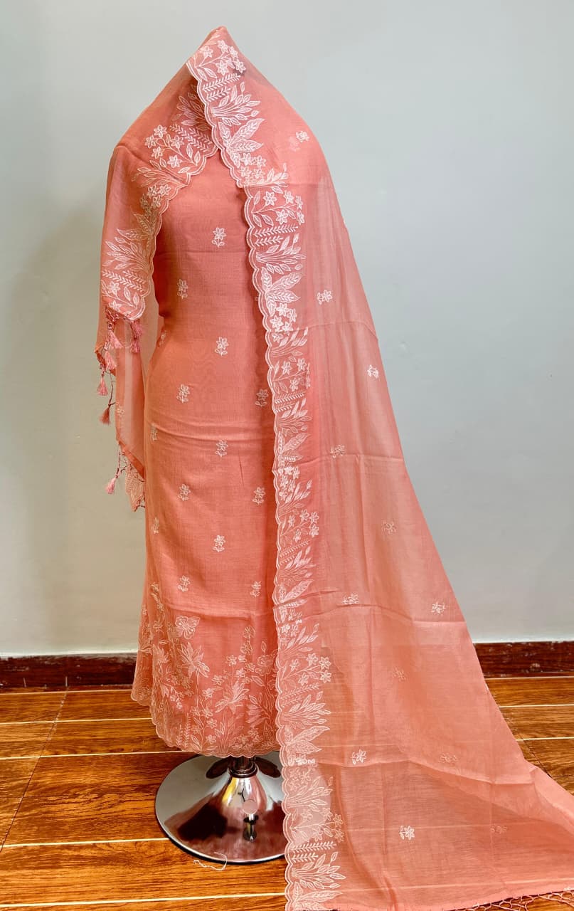 Mul Chanderi Unstitched Suit Material - Deep Red Leaf Motif - Bana
