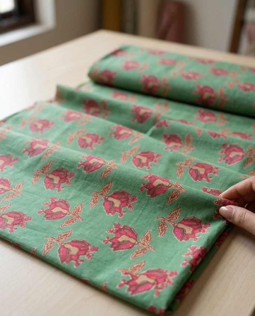 Cotton Handloom Print Than Fabric - Sage Green - Bana