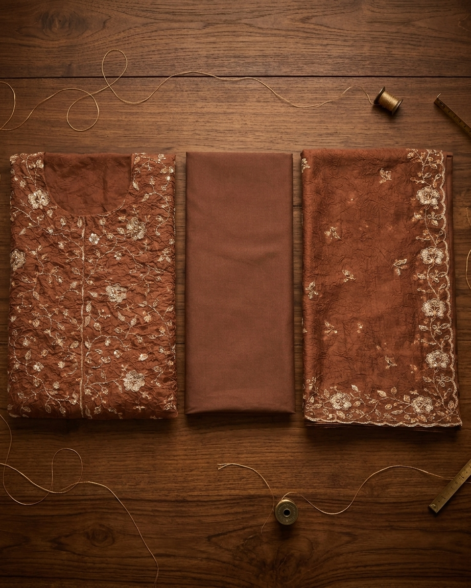 Heavy Crushed Chinon Top-Bottom Concept Unstitched Suit Material - Dark Brown front/detail view