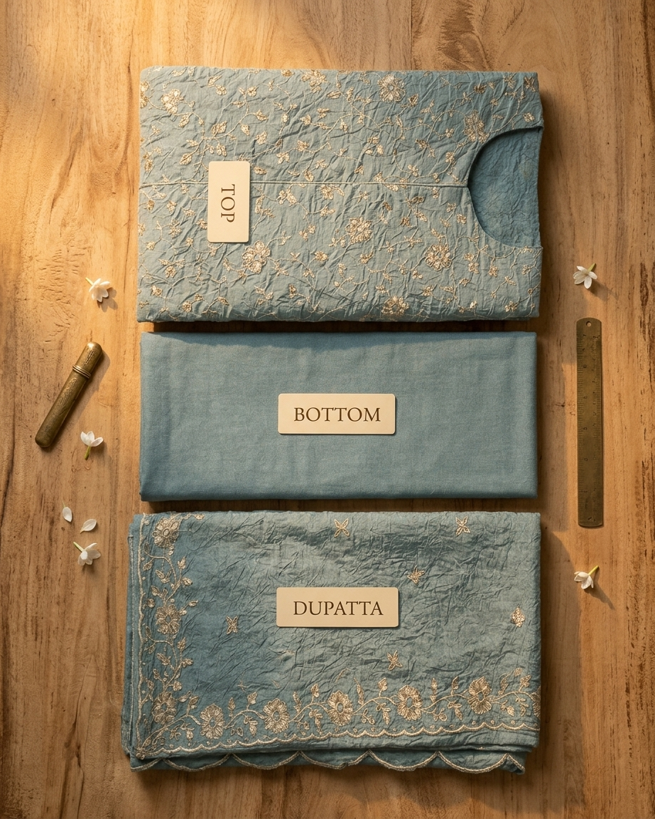 Heavy Crushed Chinon Top-Bottom Concept Unstitched Suit Material - Grey Green front/detail view