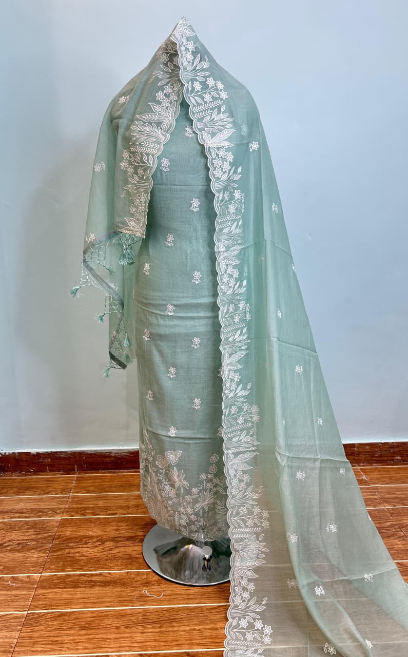 Mul Chanderi Unstitched Suit Material - Aqua Blue Buta Print - Bana