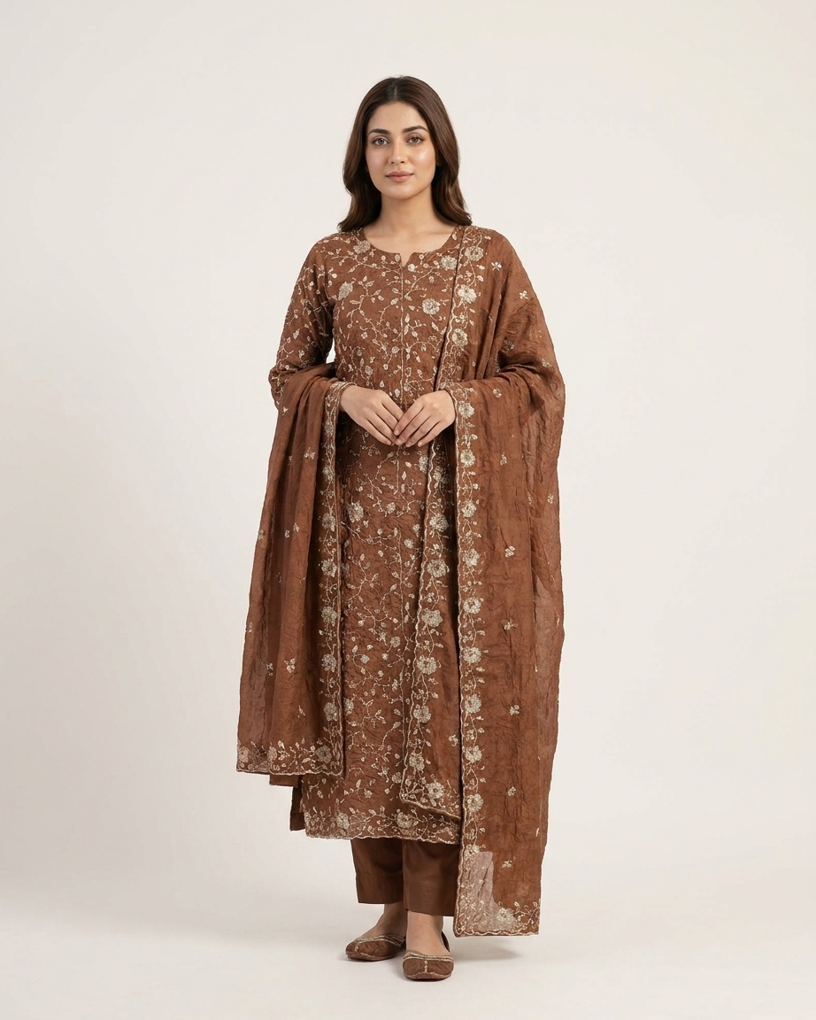 Heavy Crushed Chinon Top-Bottom Concept Unstitched Suit Material - Dark Brown full fabric view