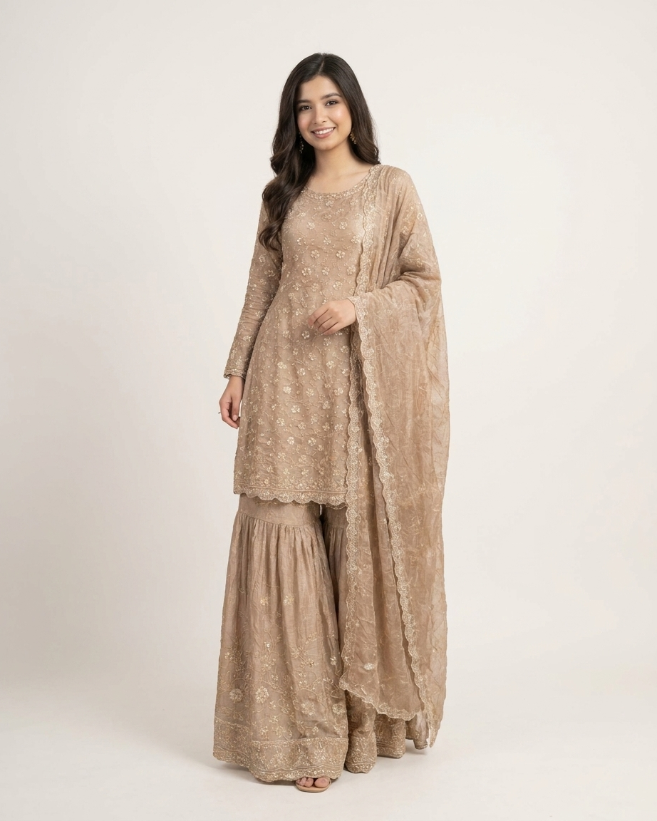 Heavy Crushed Chinon Top-Bottom Concept Unstitched Suit Material - Light Brown front/detail view