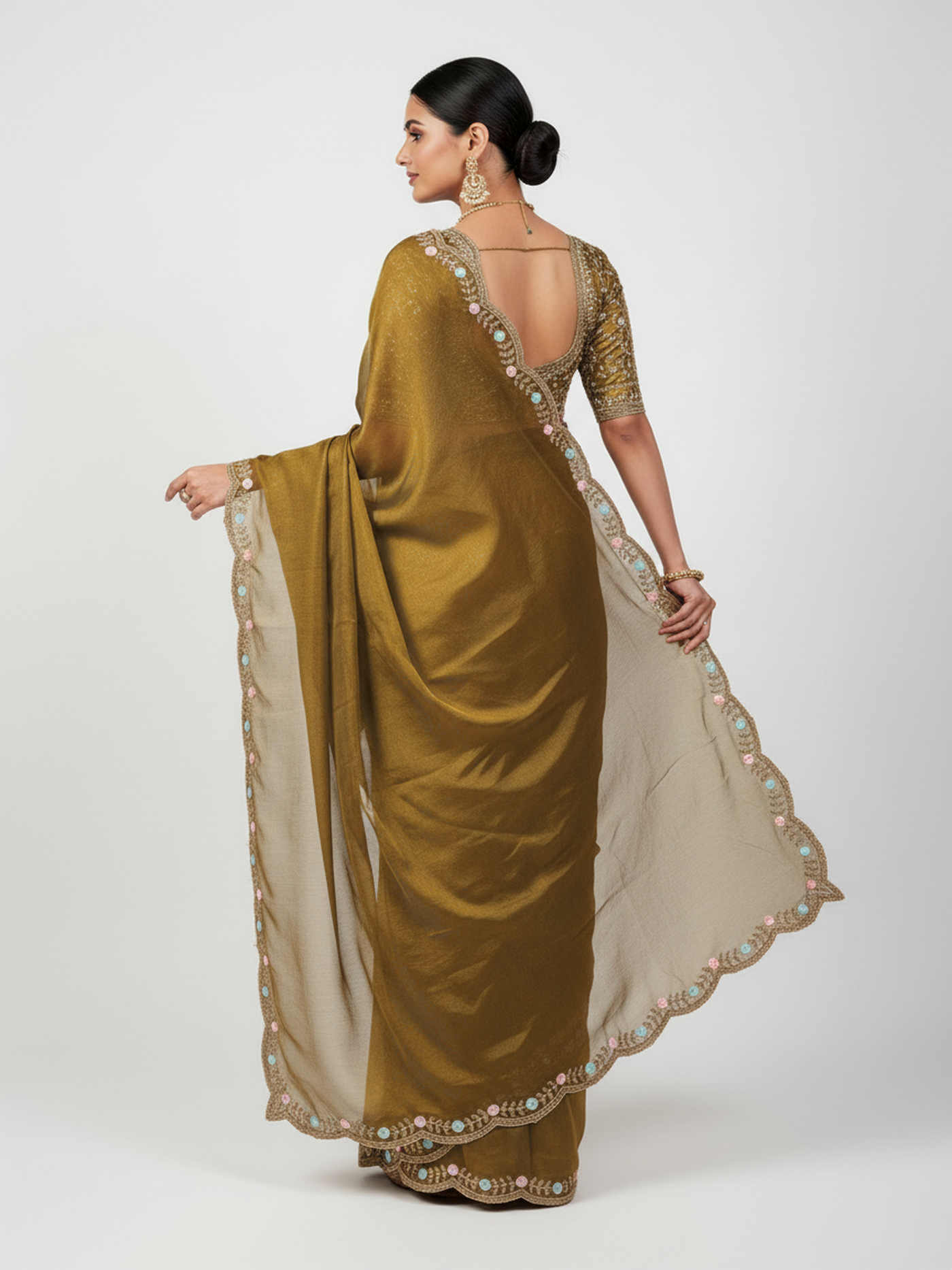 Rama Green & Dark Mustard Gimichu Satin Silk Saree with Heavy Embroidery Blouse - pallu view