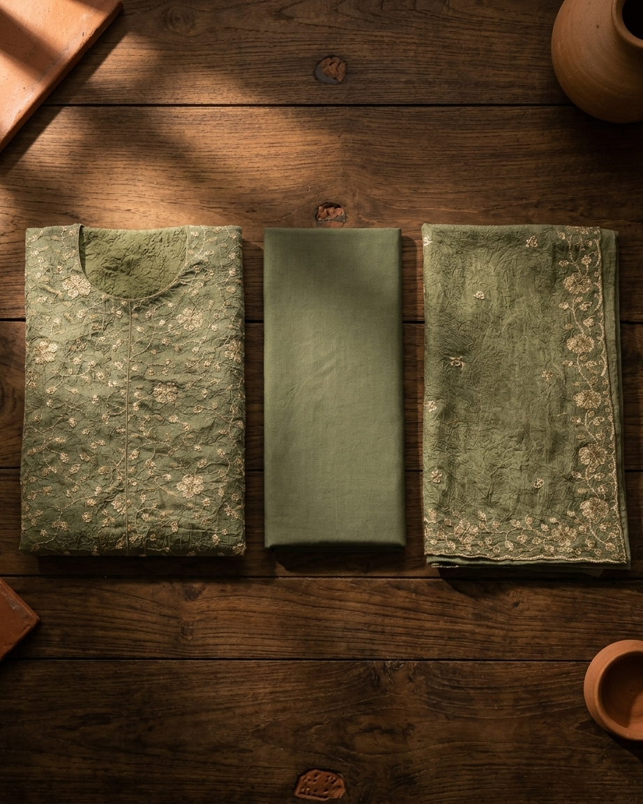 Heavy Crushed Chinon Top-Bottom Concept Unstitched Suit Material - Olive Green front/detail view