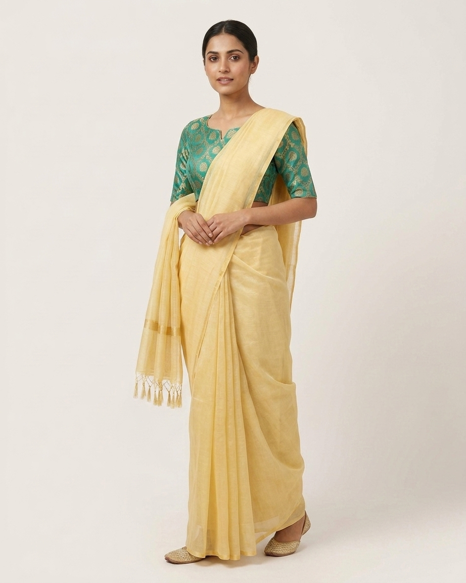 Plain Mul Chanderi Saree with Brocade Blouse - Butter Yellow