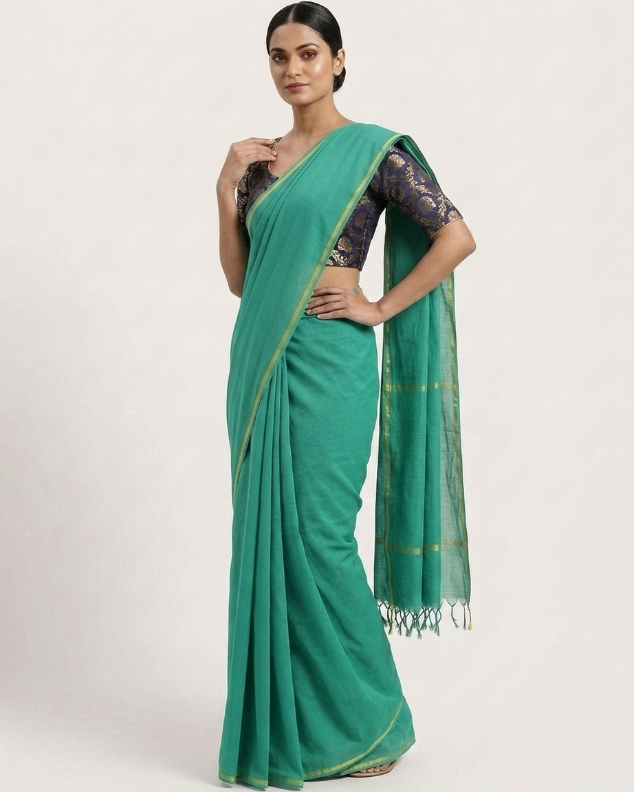 Plain Mul Chanderi Saree with Brocade Blouse - Sea Green