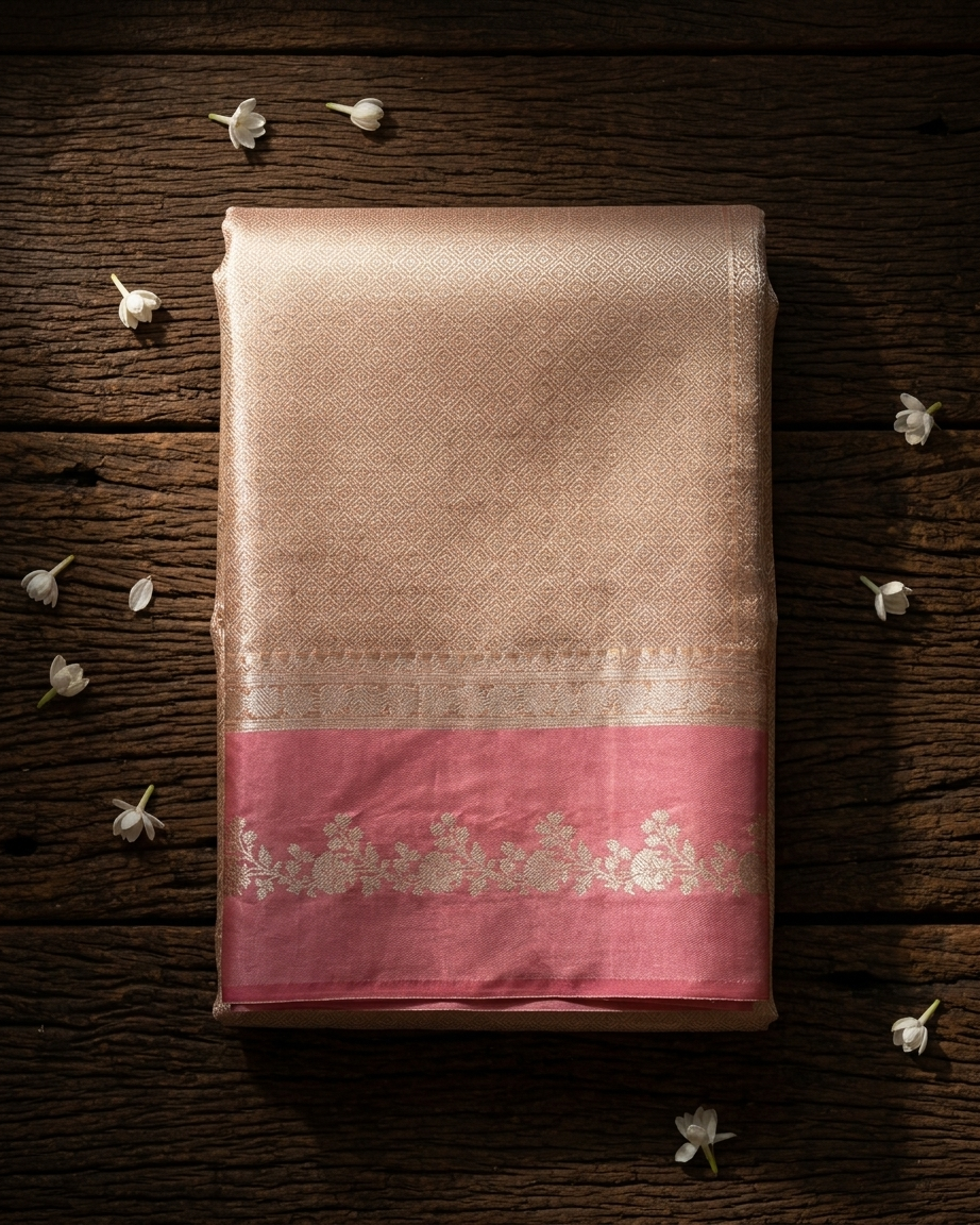 Pure Brocade Tissue Saree Geometric Design Satin Border - Baby Pink & Gold folded view