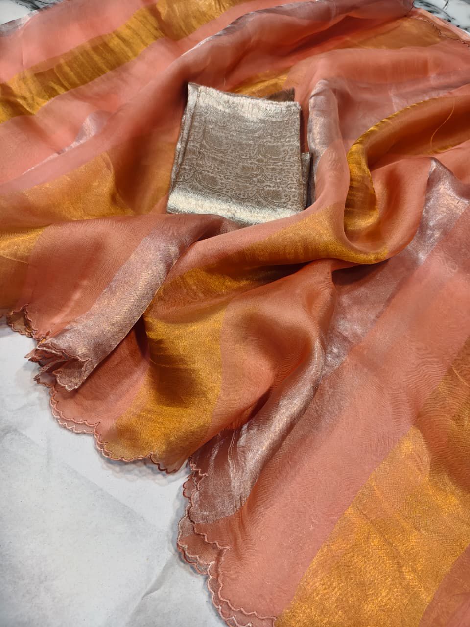 Pure Katan Tissue Silk Saree Gold Stripe Pallu Scallop Border With Blouse