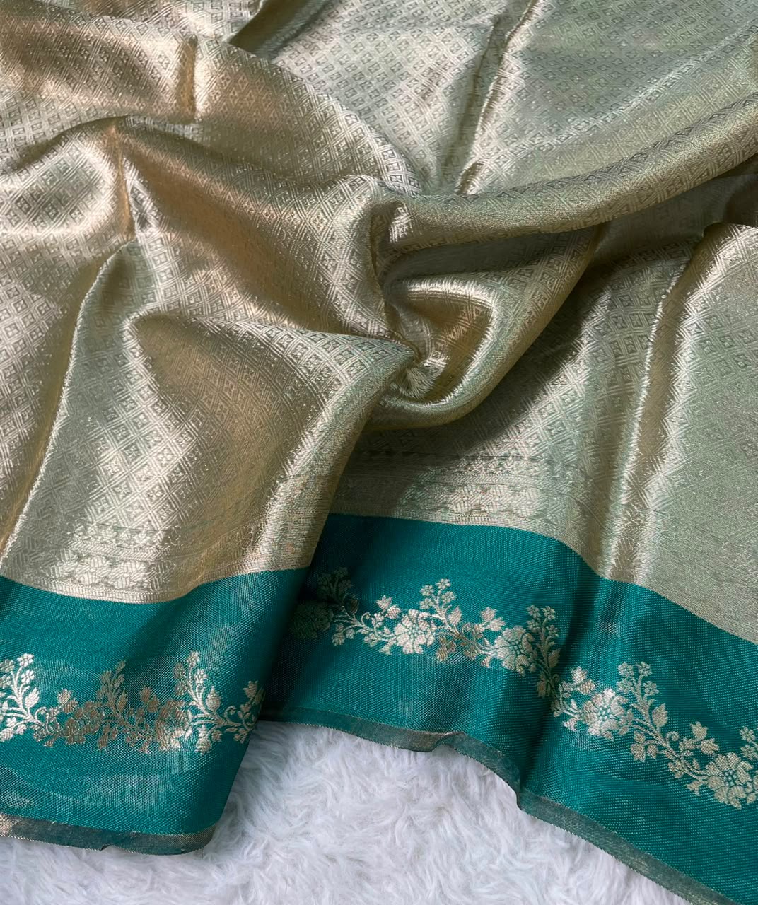 Pure Brocade Tissue Saree Geometric Design Satin Border - Teal Blue & Silver Gold