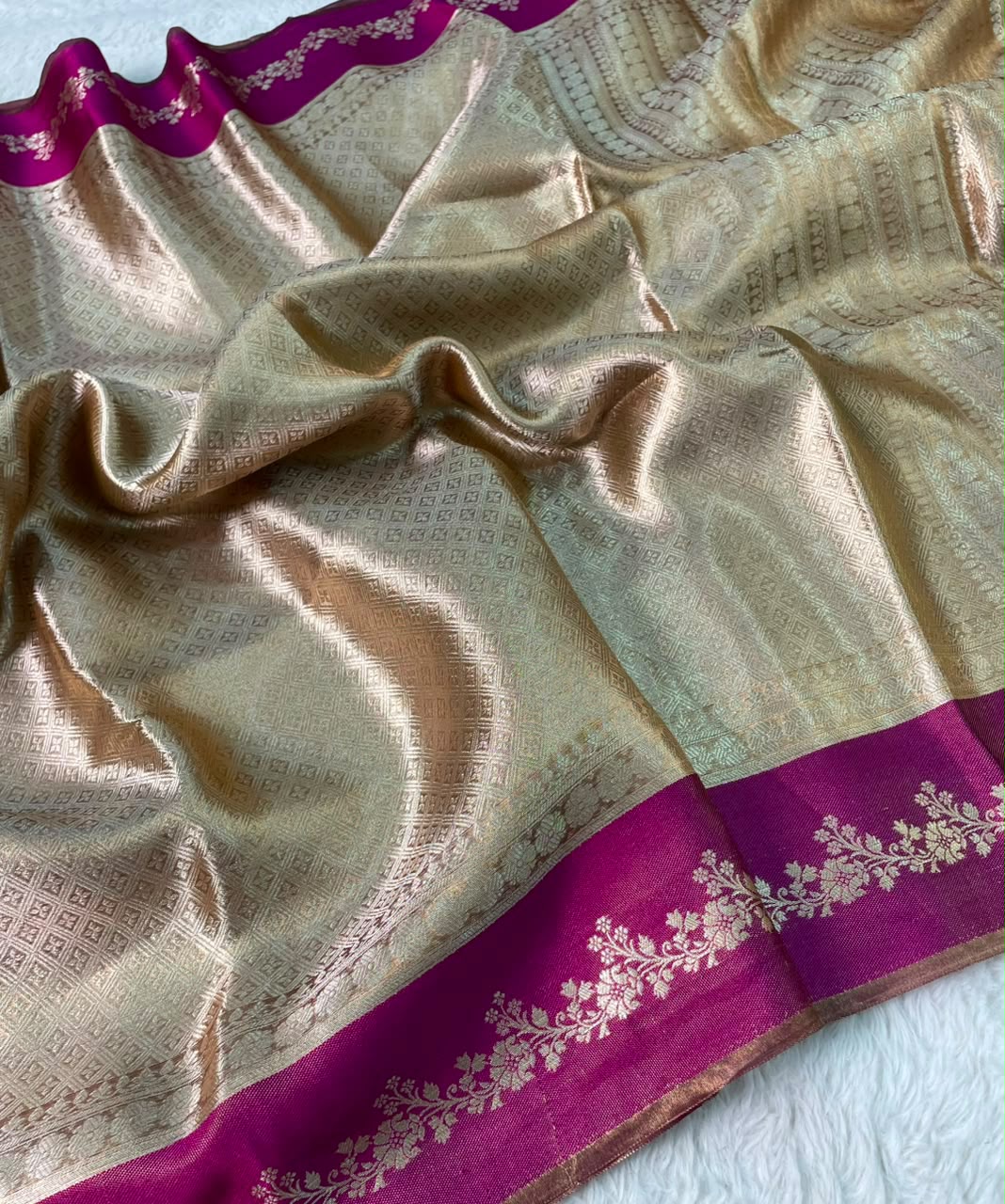 Pure Brocade Tissue Saree Geometric Design Satin Border - Antique Gold & Rani Pink