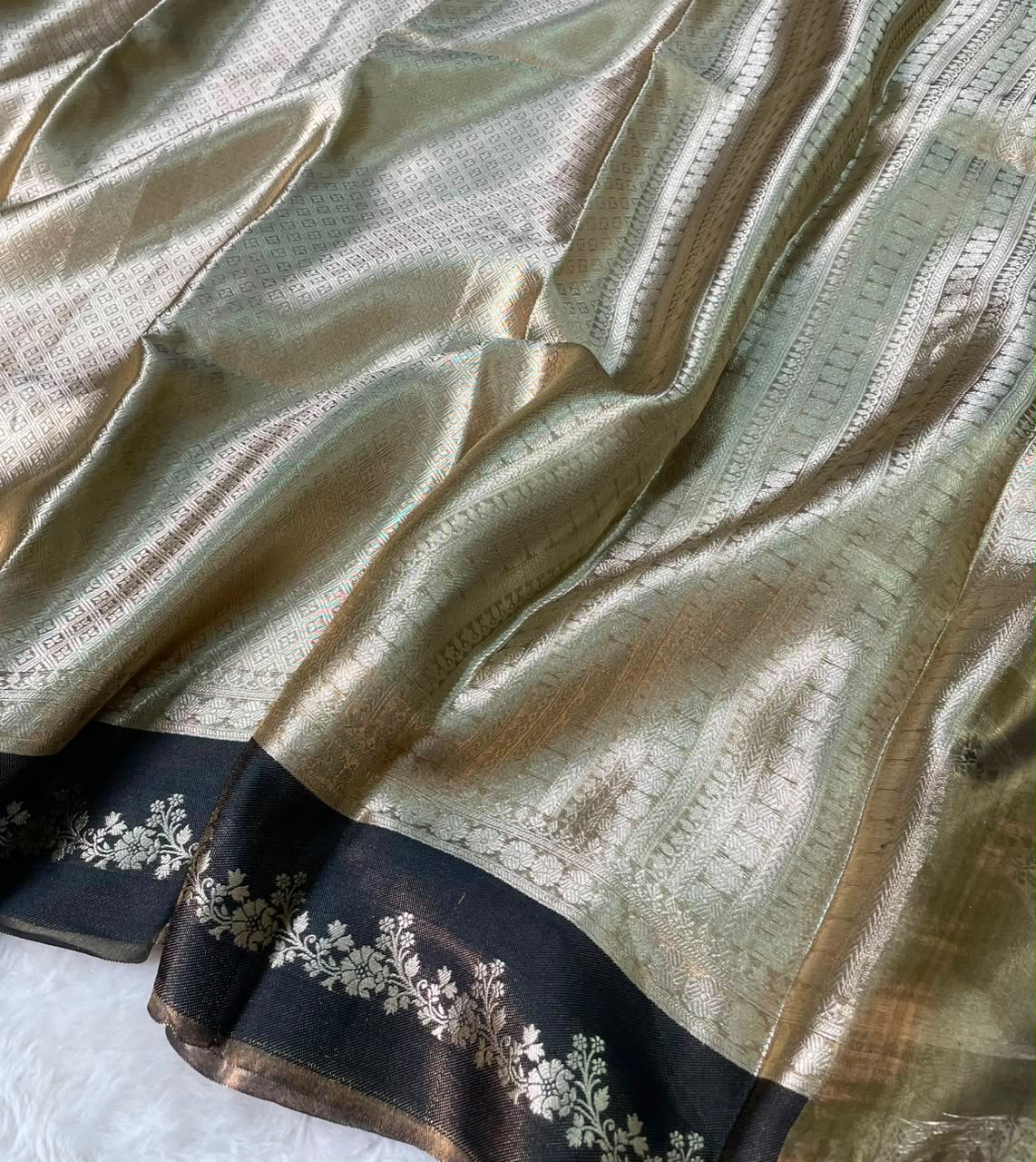 Pure Brocade Tissue Saree Geometric Design Satin Border - Silver Grey & Navy Blue