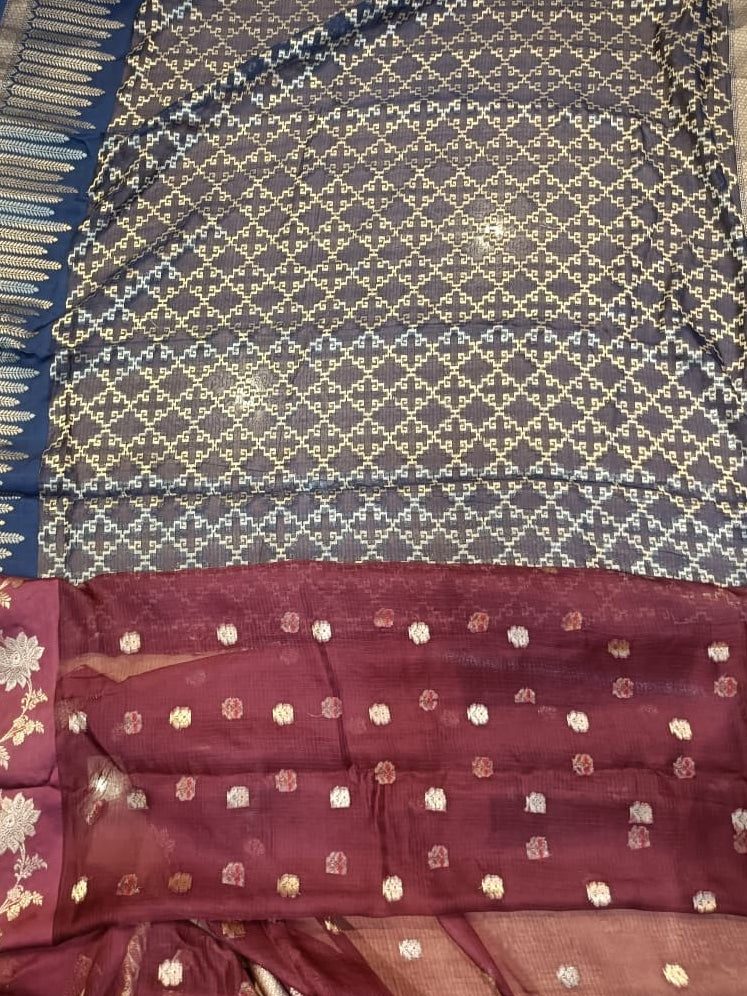 Pure Kota Doria Saree with Meena Work and Golden Zari Pallu - Wine Maroon with Beige Blouse view 3