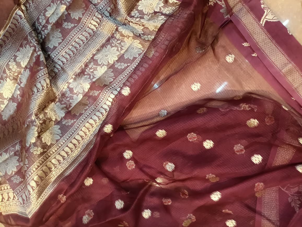 Pure Kota Doria Saree with Meena Work and Golden Zari Pallu - Wine Maroon with Beige Blouse view 4