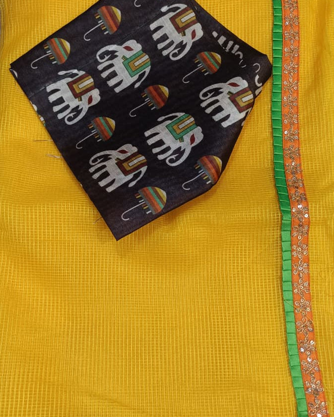 Yellow Kota Saree with Orange Border and Kalamkari Elephant Print Blouse