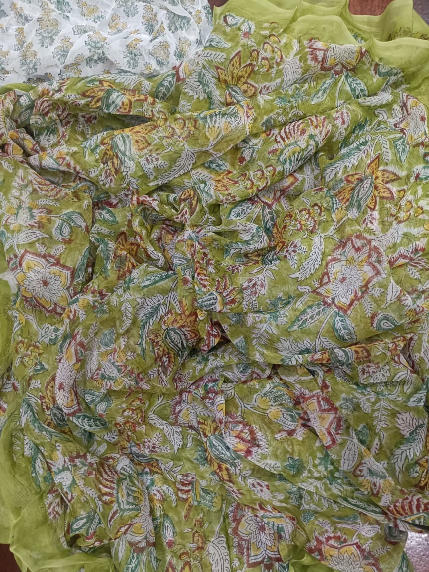Pure Double Diamond Chiffon Saree | Off White & Lime Green Bagru Handblock Ajrakh Printed | Natural Dye | Nazakat