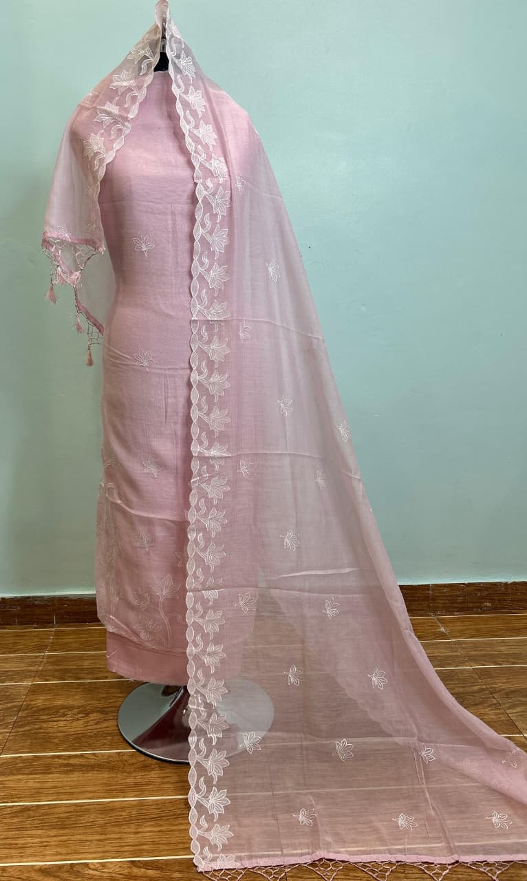 Mul Chanderi Unstitched Suit Material - Deep Red Floral Print - Bana