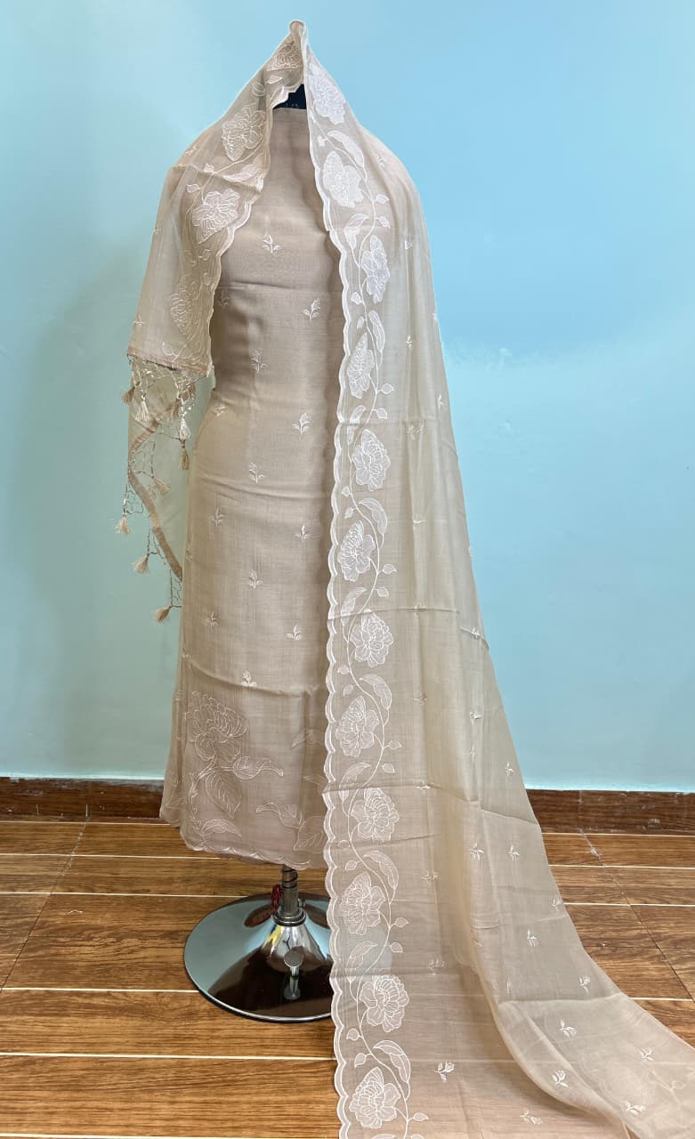 Mul Chanderi Unstitched Suit Material - Powder Blue Paisley Print - Bana