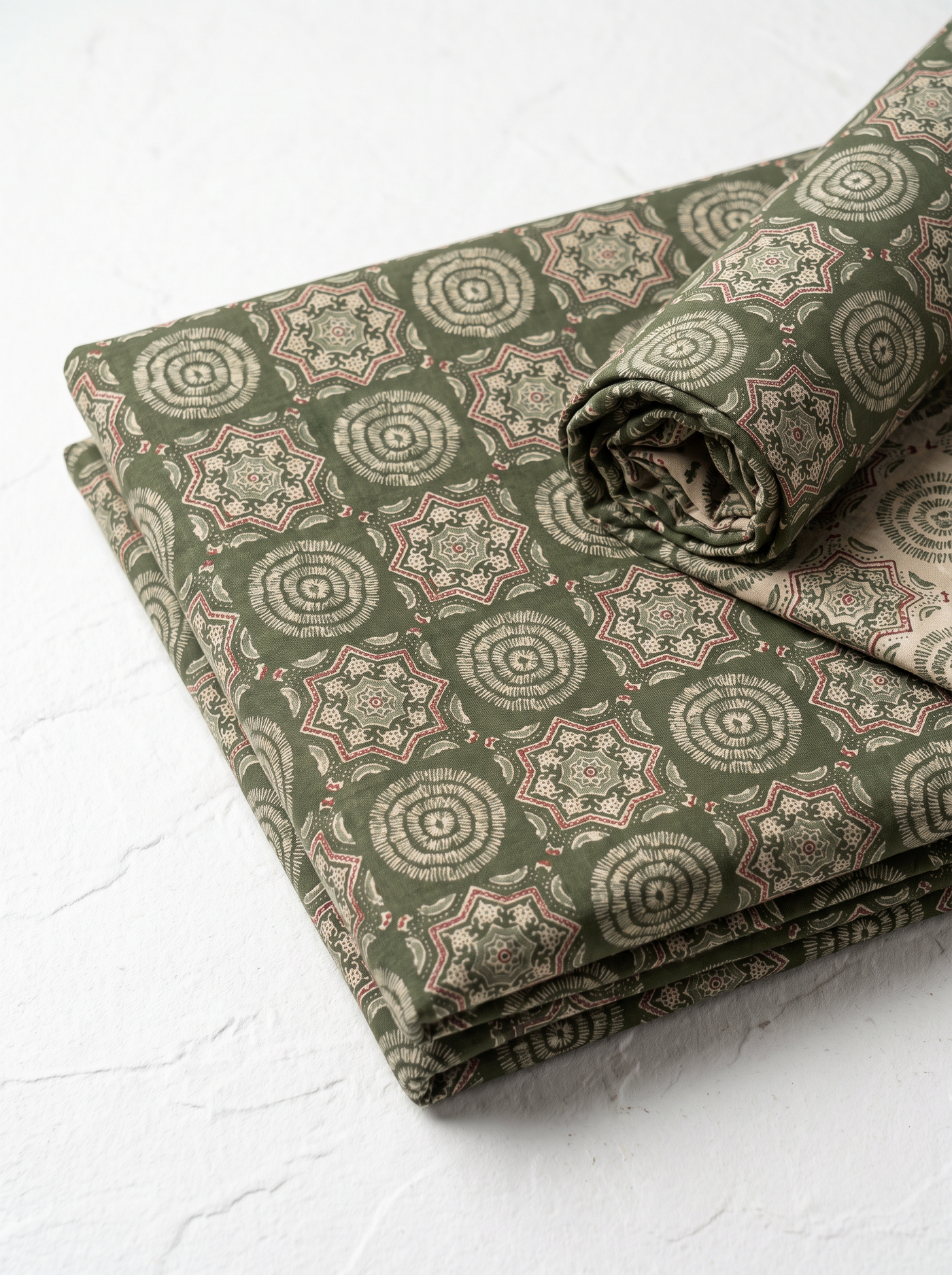 Olive Green Ajrakh Print Cotton Than Fabric sold by meter at Bana