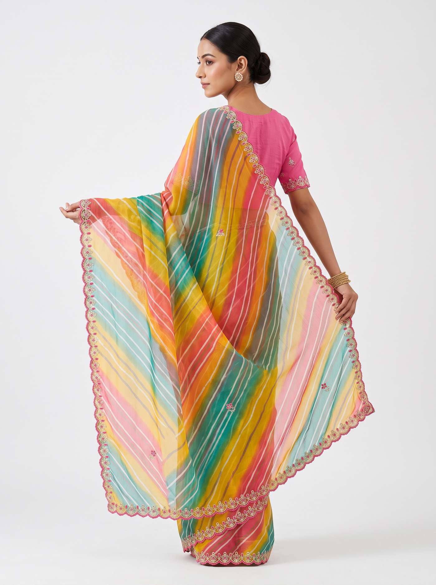 Yellow Green & Pink Lehariya Soft Chiffon Saree with Embroidery Blouse - view 4