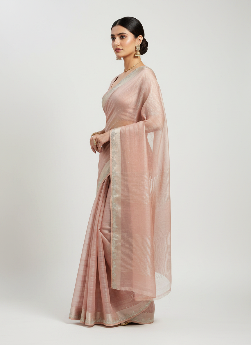 Peach Pink Sequence Work Saree with Running Blouse - side drape