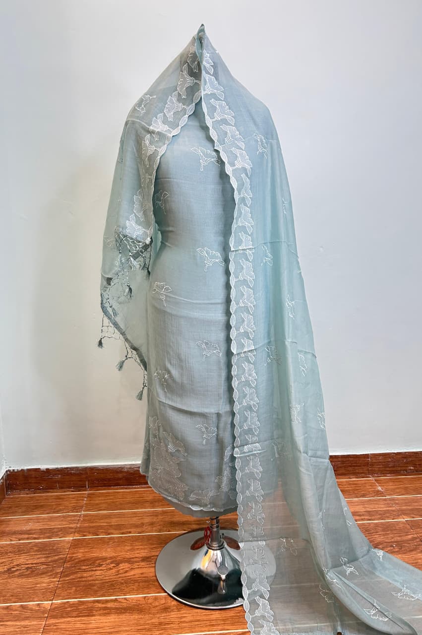 Mul Chanderi Unstitched Suit Material - Powder Blue Vine Motif - Bana
