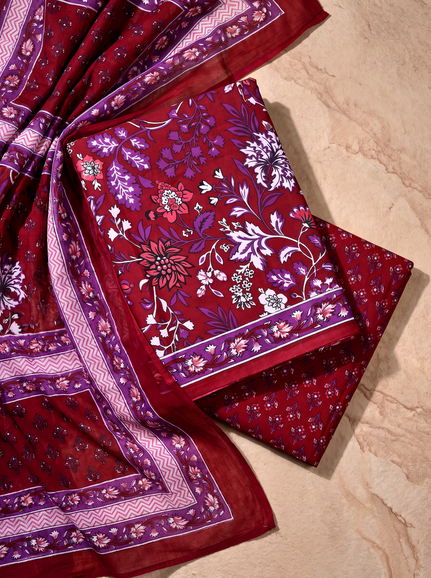 Deep Red + Fuchsia cotton suit with cotton dupatta unstitched suit material