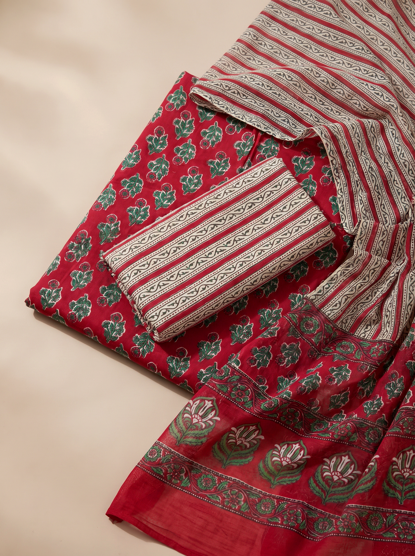 Deep Red cotton suit with cotton dupatta unstitched suit material