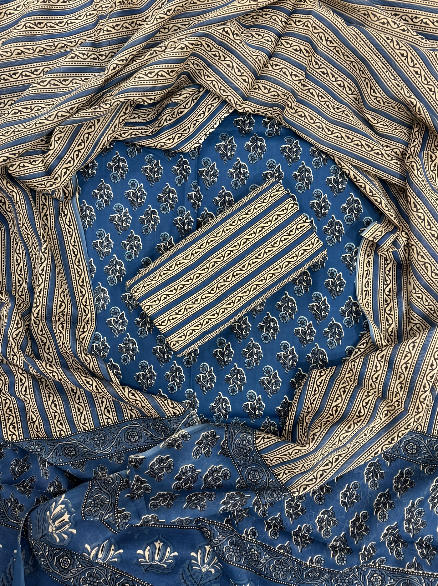 Navy Blue cotton suit with cotton dupatta unstitched suit material