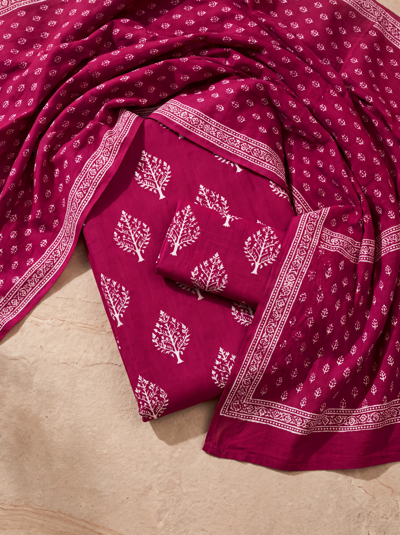 Deep Red + Rani Pink cotton suit with cotton dupatta unstitched suit material