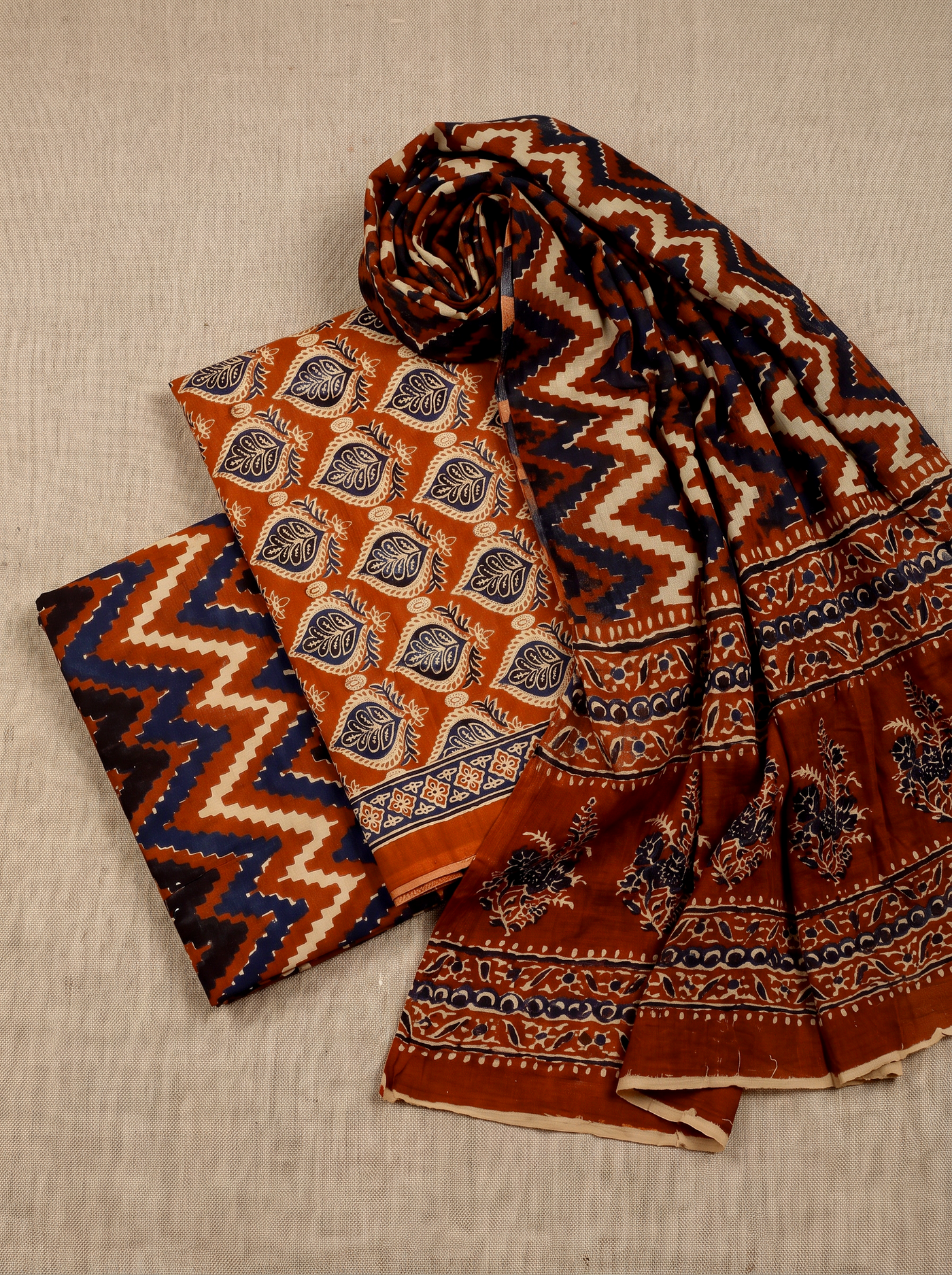 Terracotta + Wine cotton suit with cotton dupatta unstitched suit material