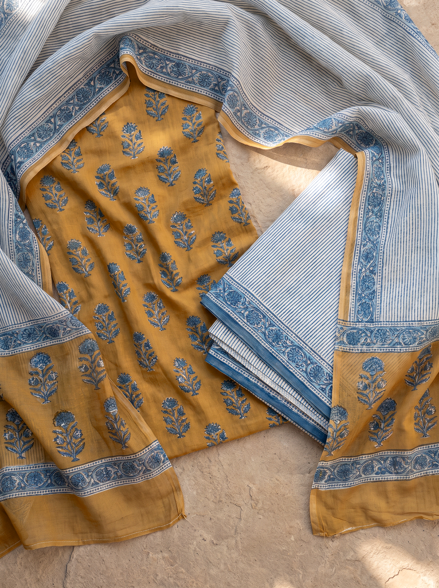 Golden + Turmeric Yellow cotton suit with cotton dupatta unstitched suit material
