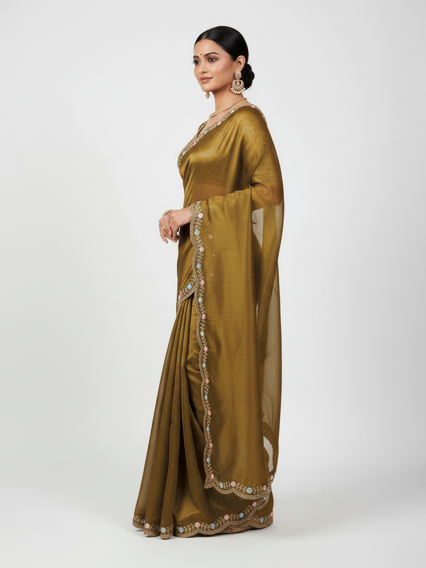 Rama Green & Dark Mustard Gimichu Satin Silk Saree with Heavy Embroidery Blouse - side drape