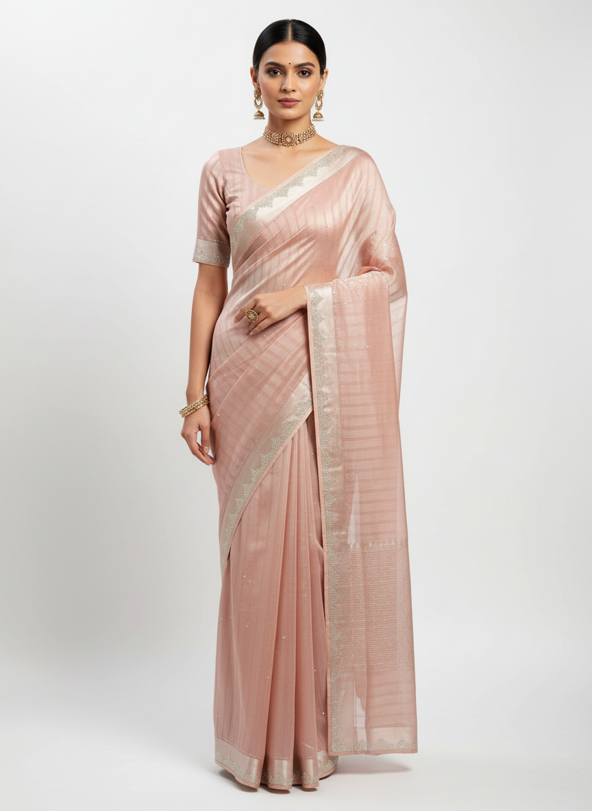 Peach Pink Sequence Work Saree with Running Blouse - front drape