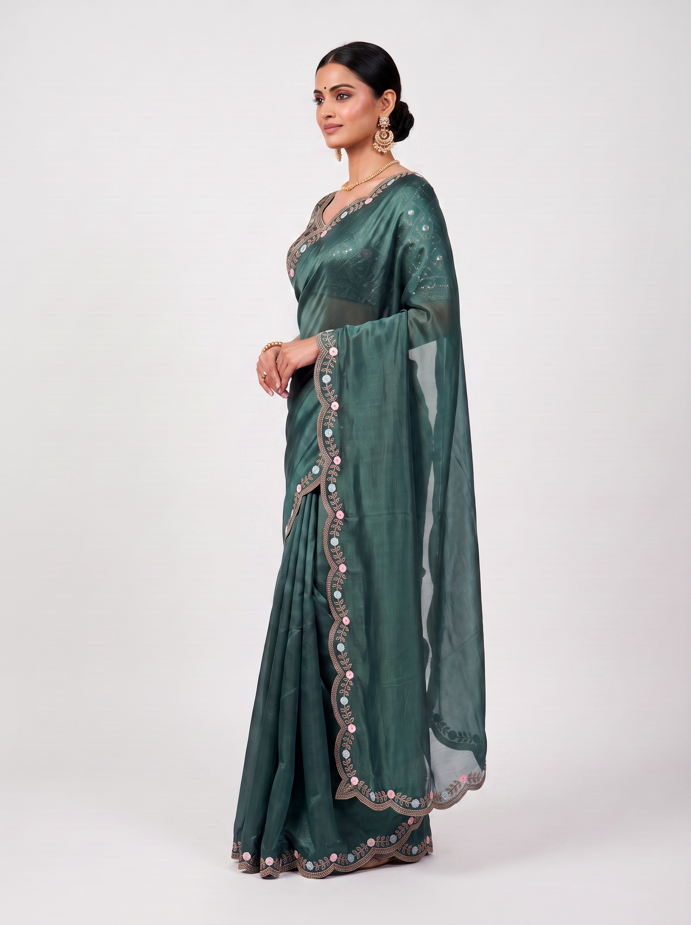 Rama Green & Dark Mustard Gimichu Satin Silk Saree - Rama Green side drape