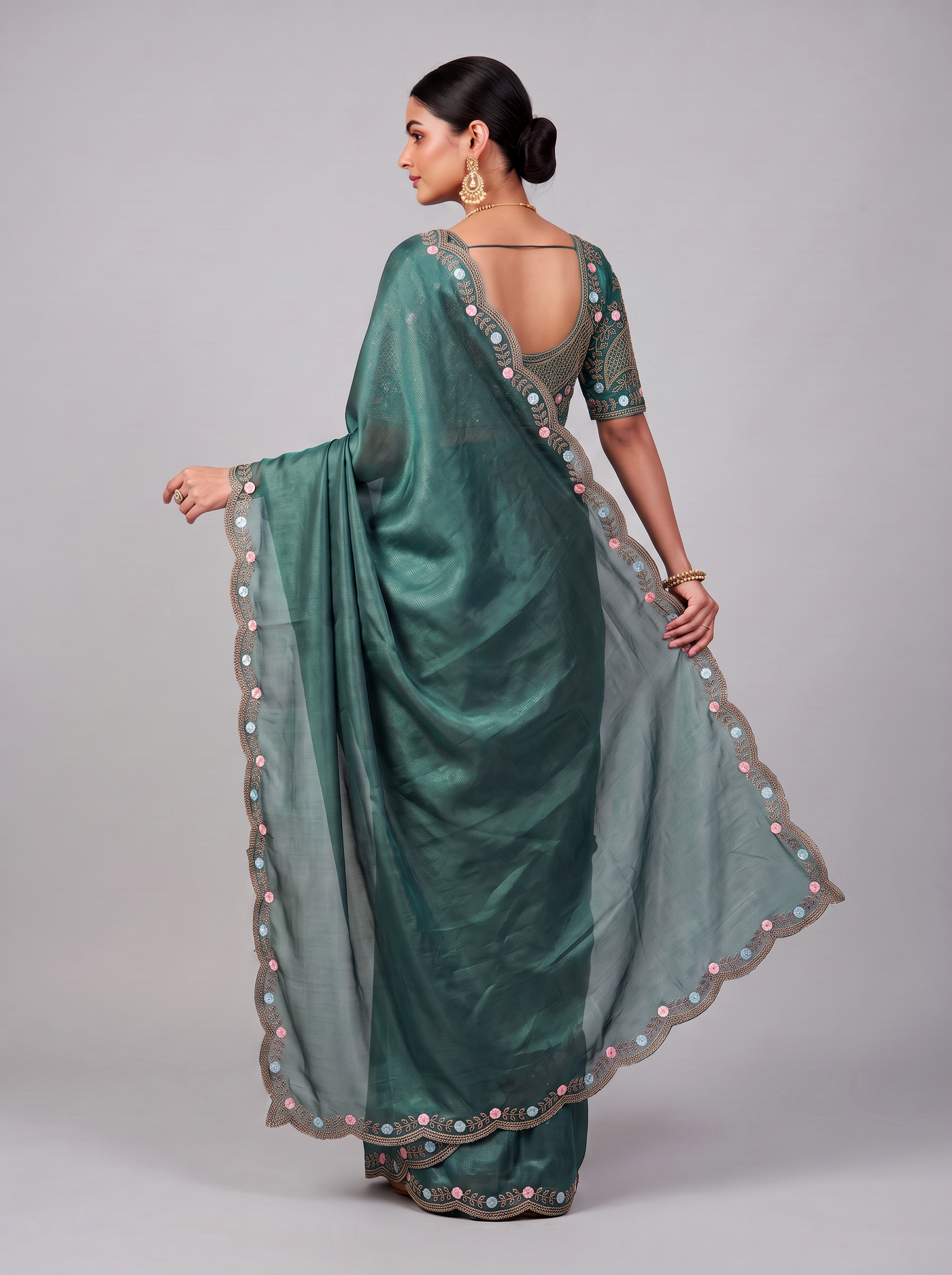 Rama Green & Dark Mustard Gimichu Satin Silk Saree - Rama Green pallu view