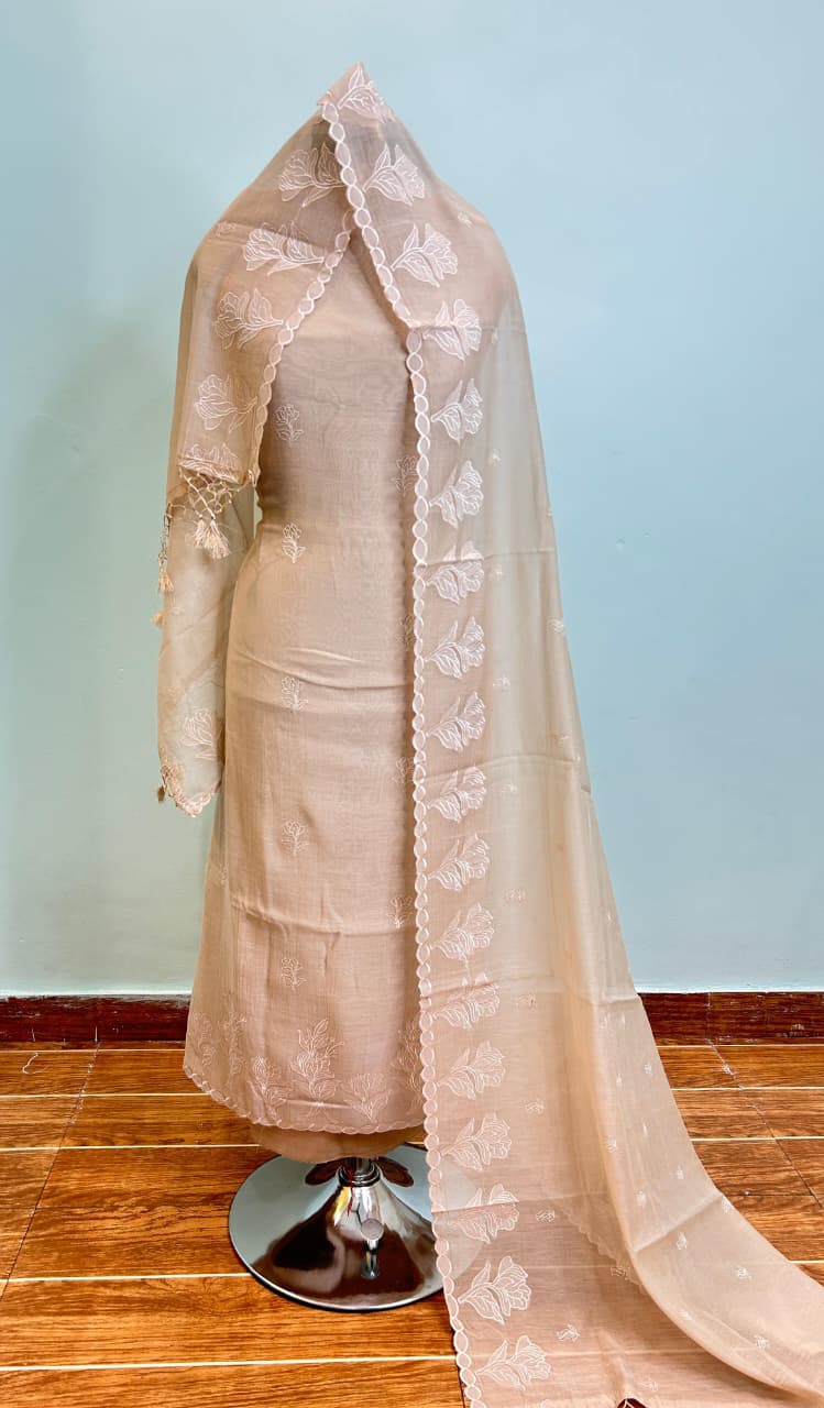 Mul Chanderi Unstitched Suit Material - Soft Beige Floral Print - Bana