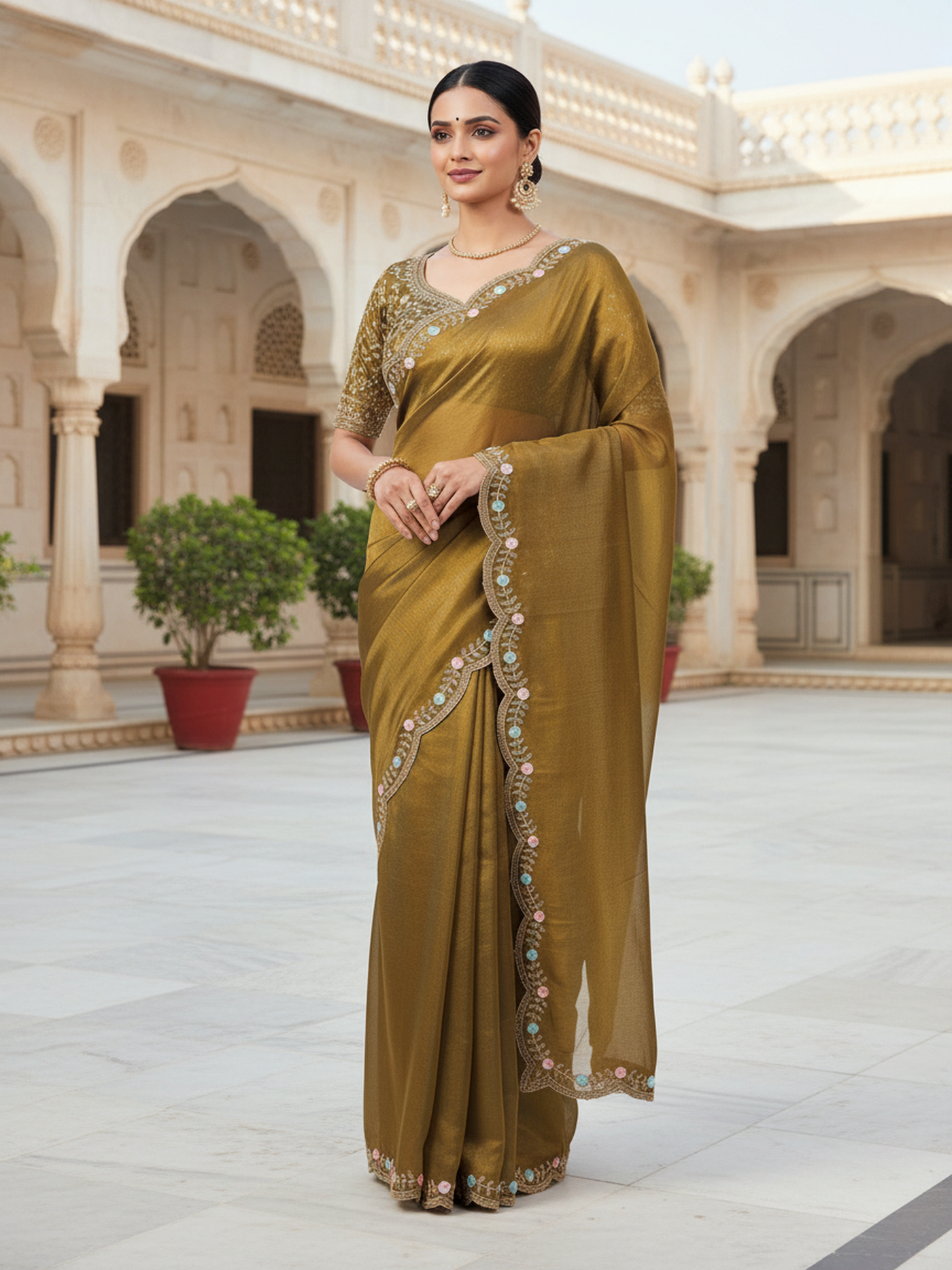Rama Green & Dark Mustard Gimichu Satin Silk Saree with Heavy Embroidery Blouse - outdoor luxury view