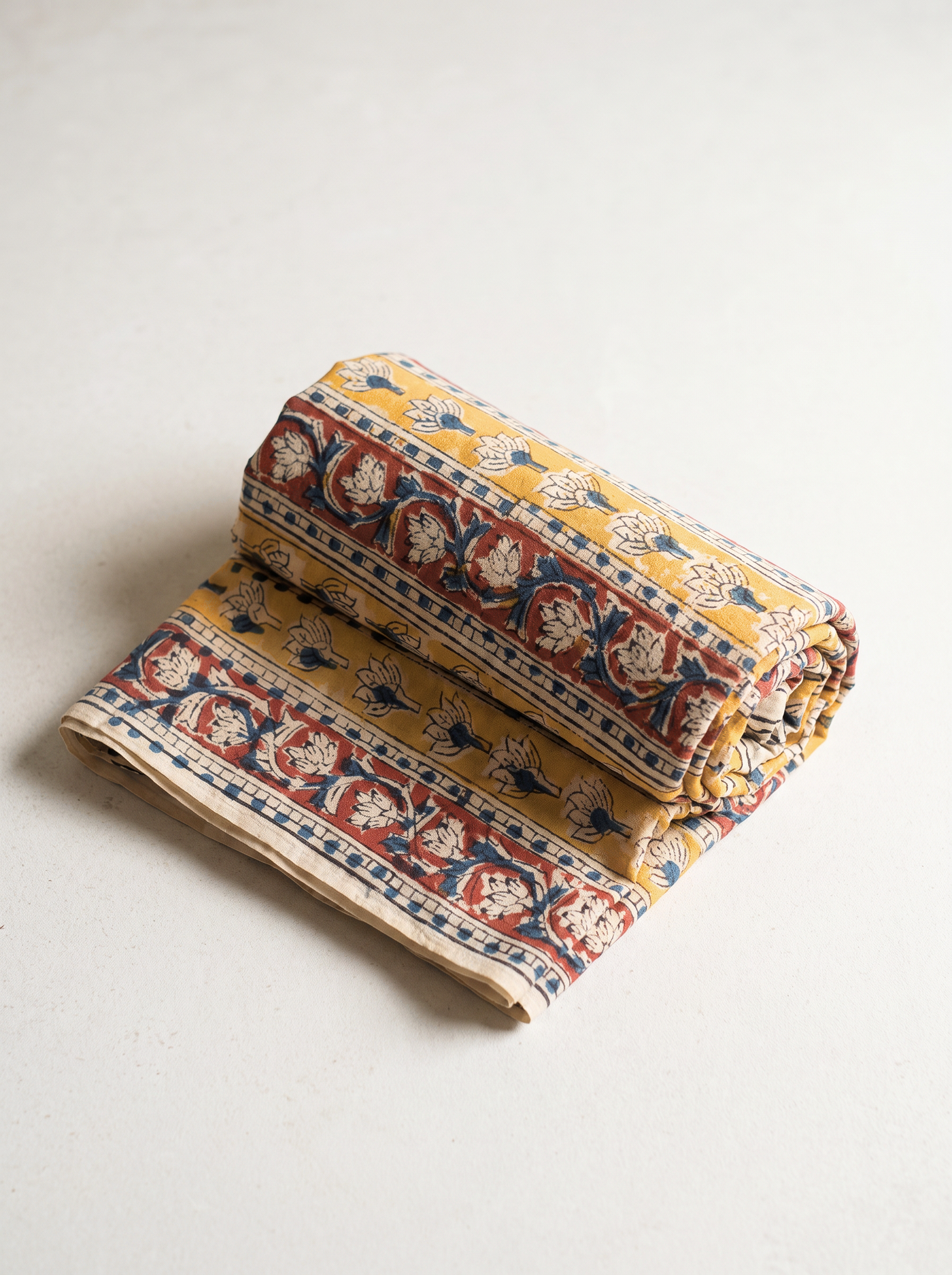 Mustard Beige Kalamkari Print Cotton Than Fabric sold by meter at Bana