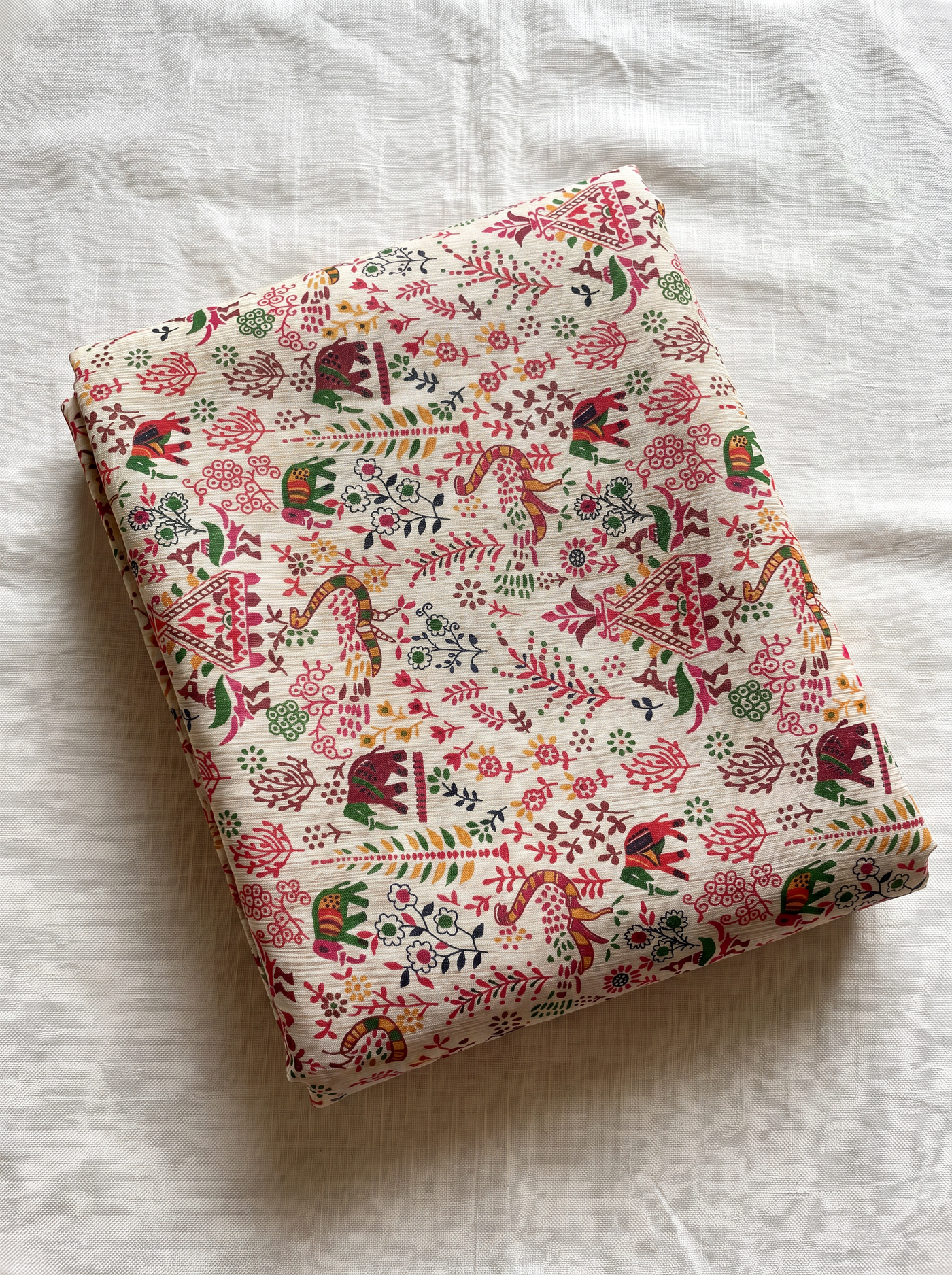 Ivory Red Kalamkari Print Cotton Than Fabric sold by meter at Bana