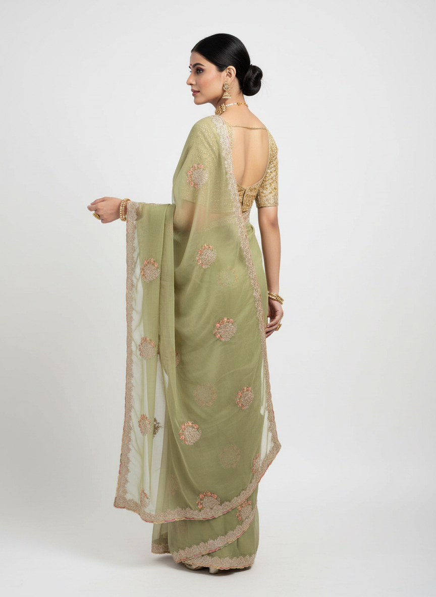 Sage Green Chiffon Saree with Cutdana Embellished Pallu - back and pallu view