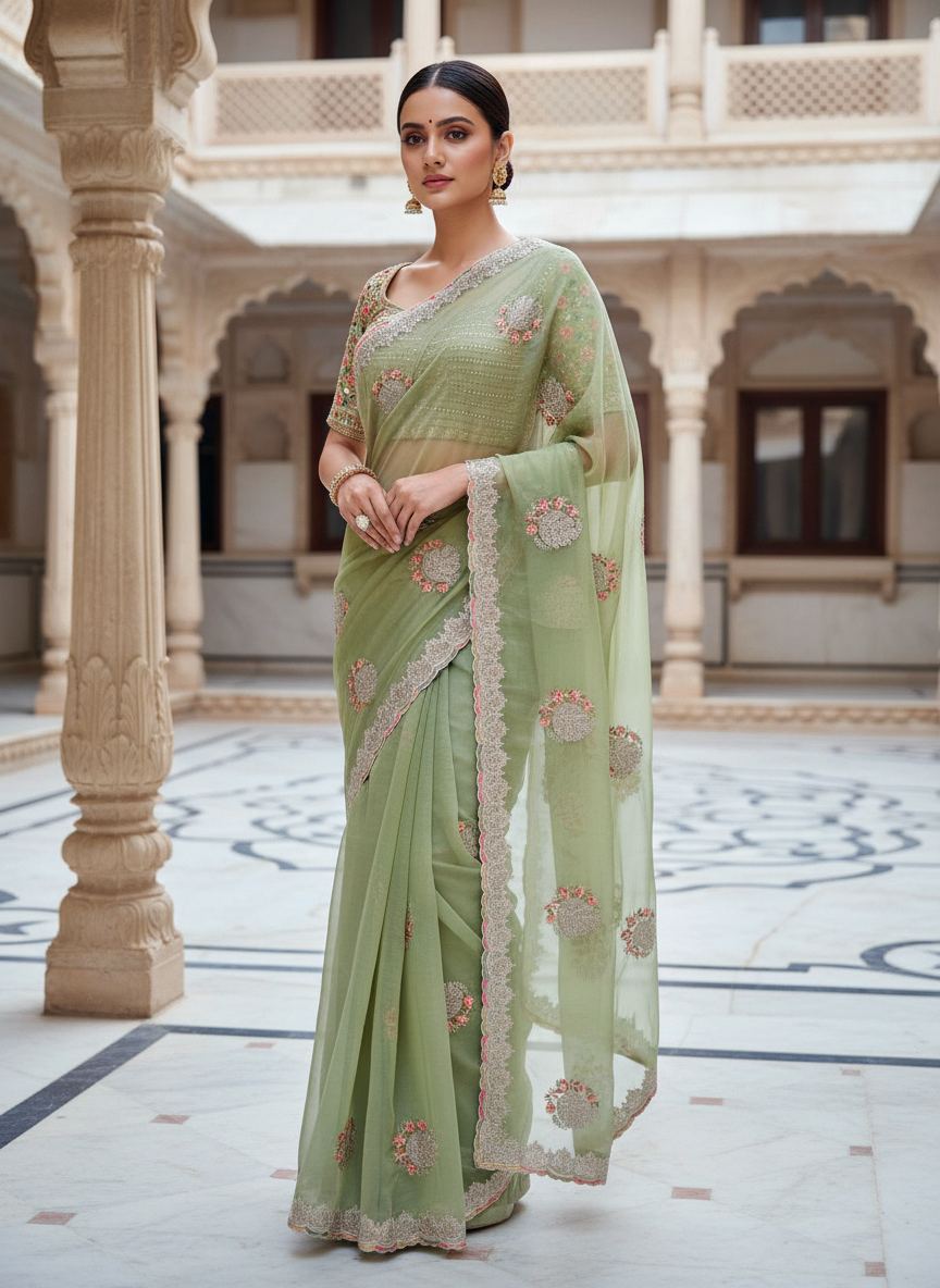 Sage Green Chiffon Saree with Cutdana Embellished Pallu - outdoor editorial view