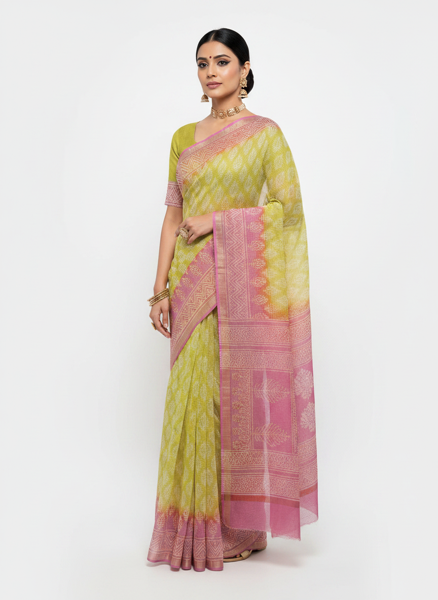 Lime Green Kota Doriya Hand Block Print Saree with Pink Pallu