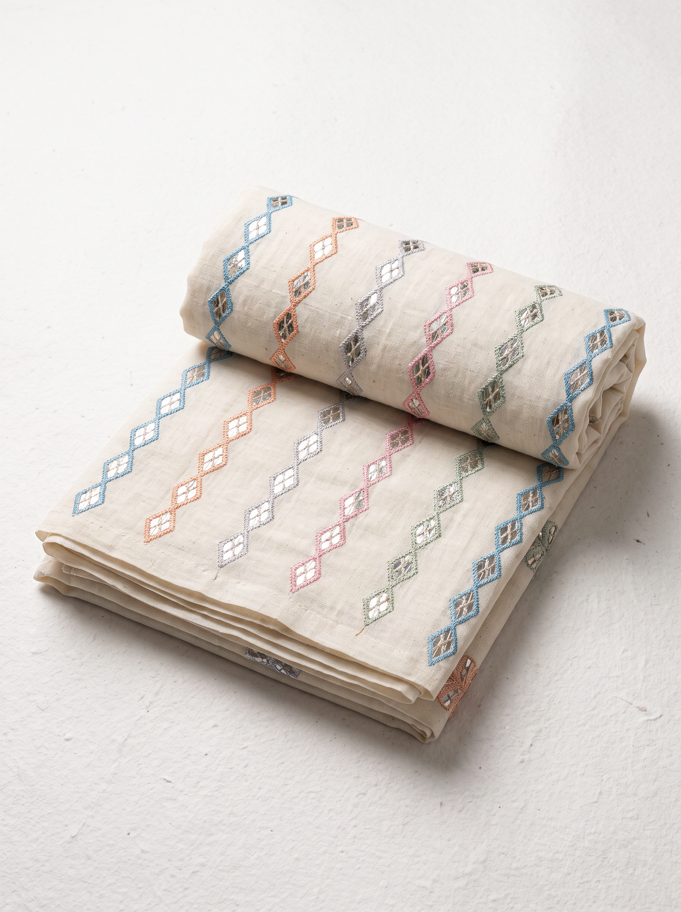 Ivory Pastel Geometric Print Linen Cotton Than Fabric sold by meter at Bana