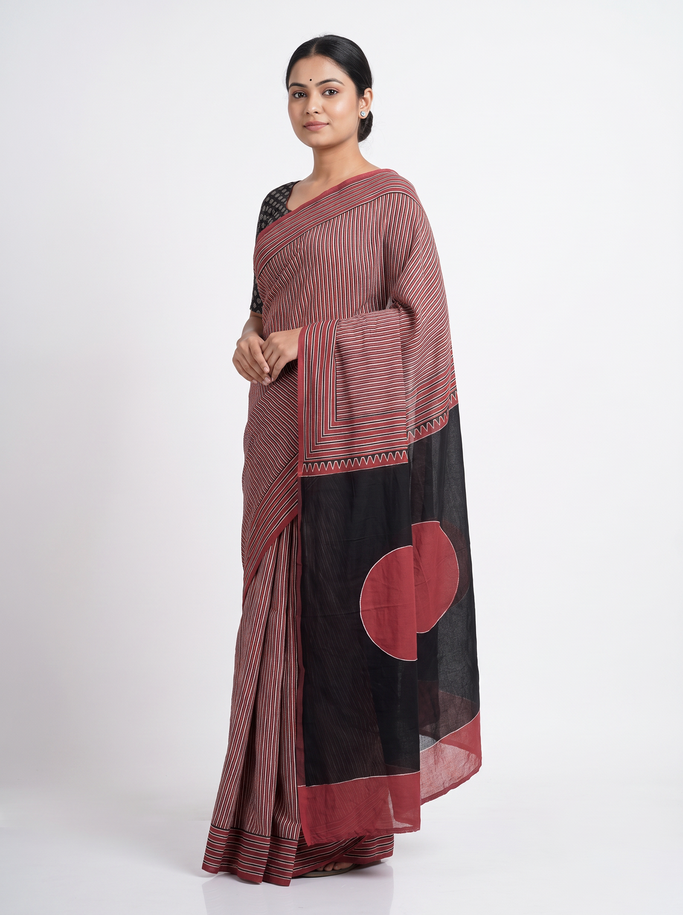 Mul Modal Cotton Deep Red Contrast Border Dailywear Saree - Image 1