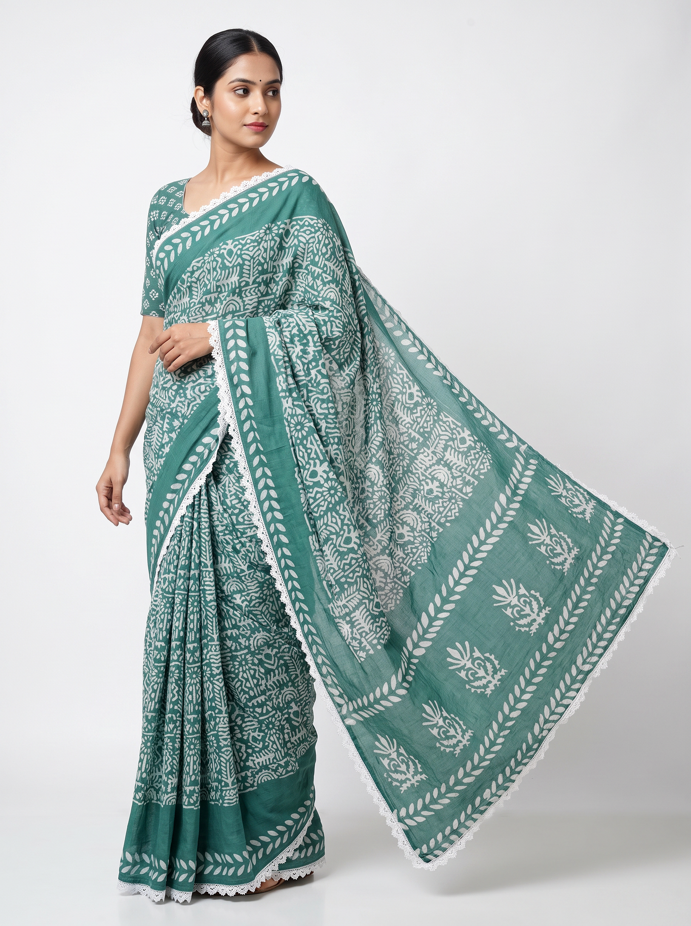 Mul Modal Cotton Teal Blue Grey Printed Dailywear Saree - Image 2