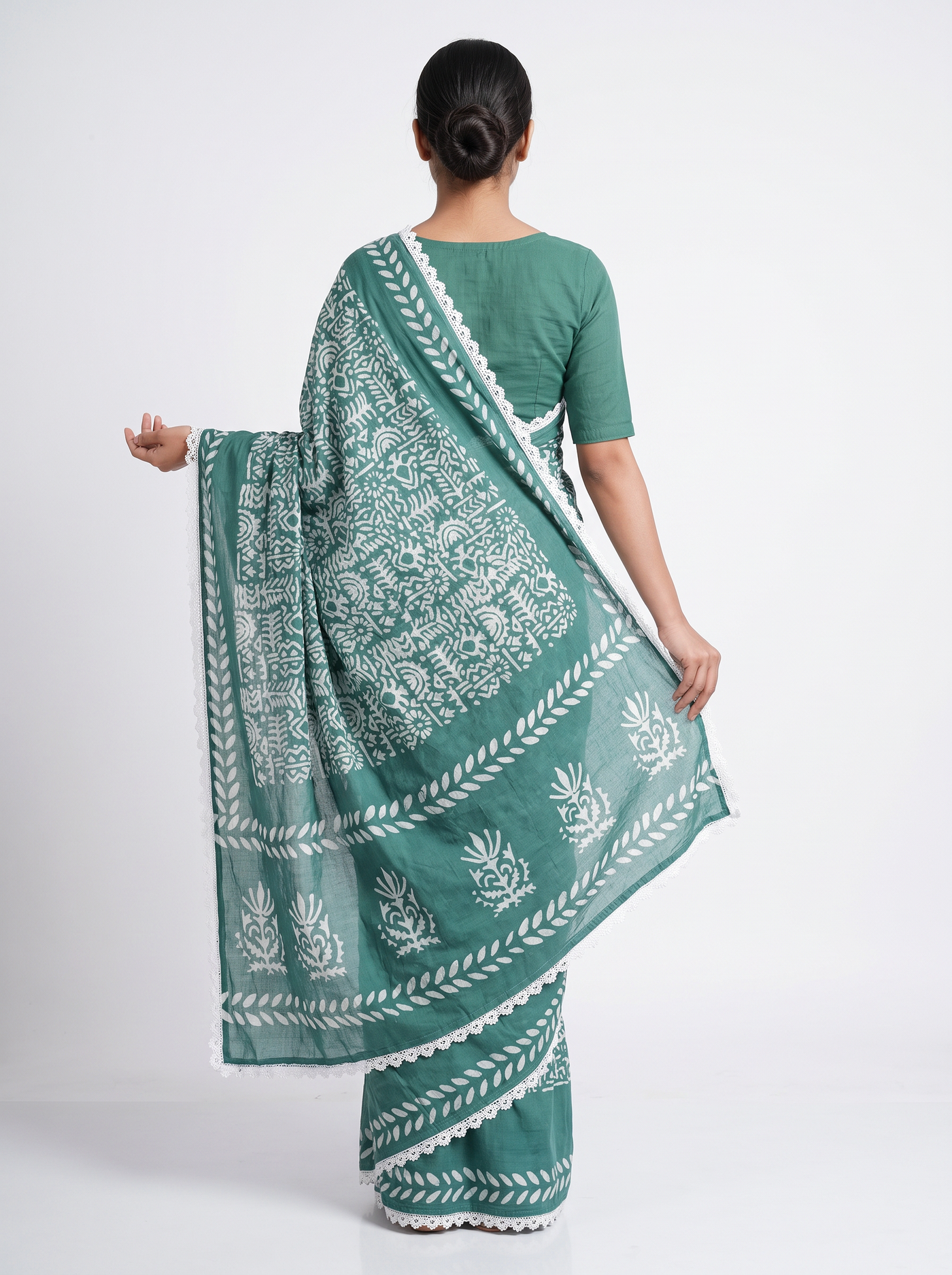 Mul Modal Cotton Teal Blue Grey Printed Dailywear Saree - Image 3