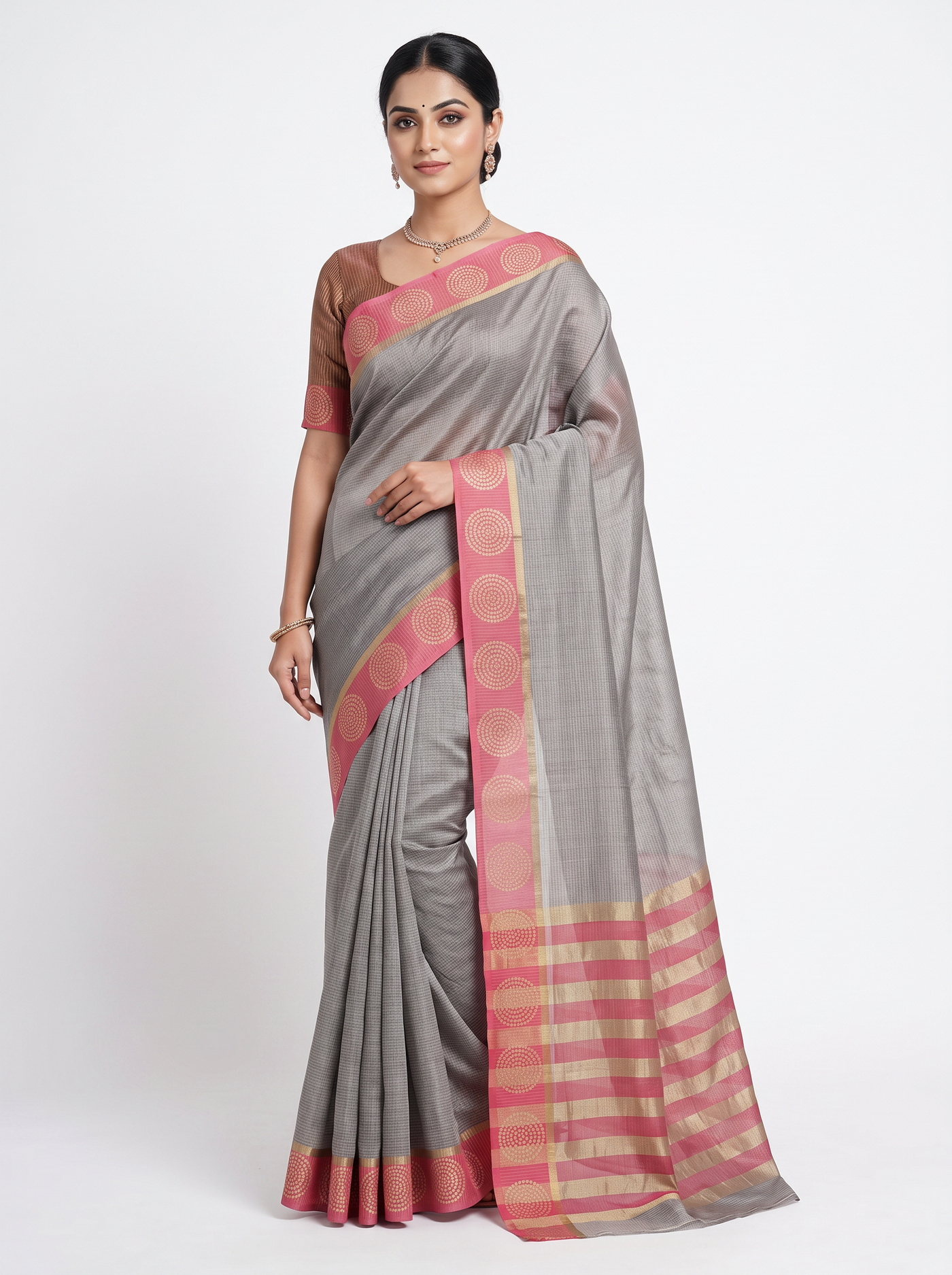 Silver Grey Mul Chanderi Saree with Contrast Border & Blouse