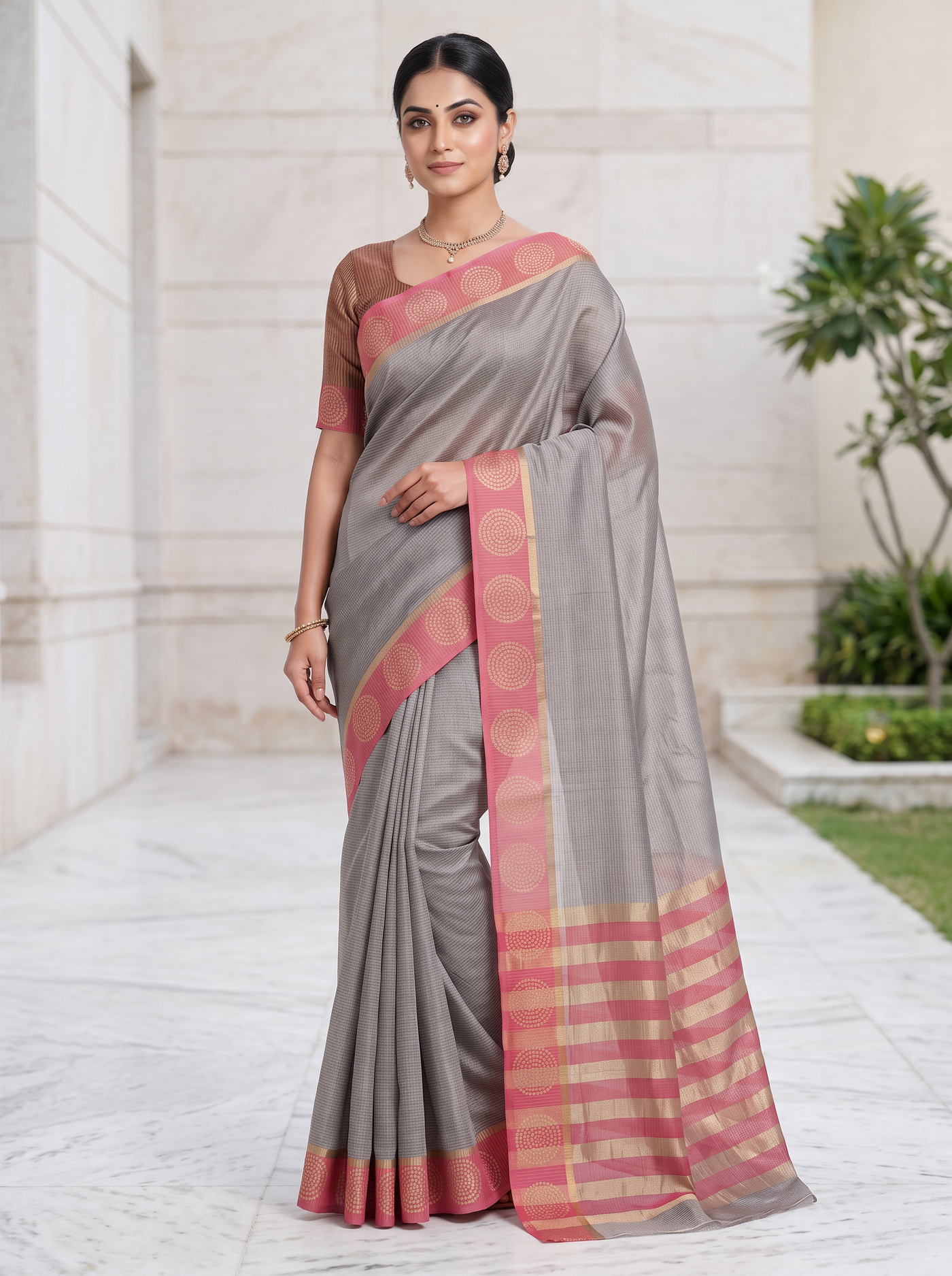 Silver Grey Mul Chanderi Saree with Contrast Border & Blouse - view 4