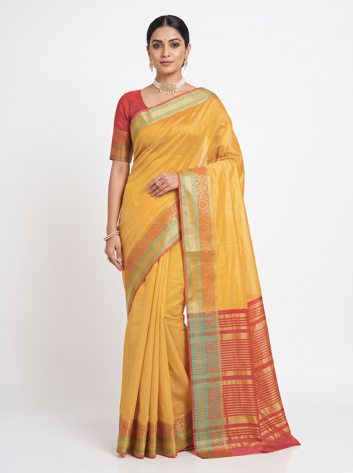 Mustard Yellow Mul Chanderi Saree with Red Border & Blouse